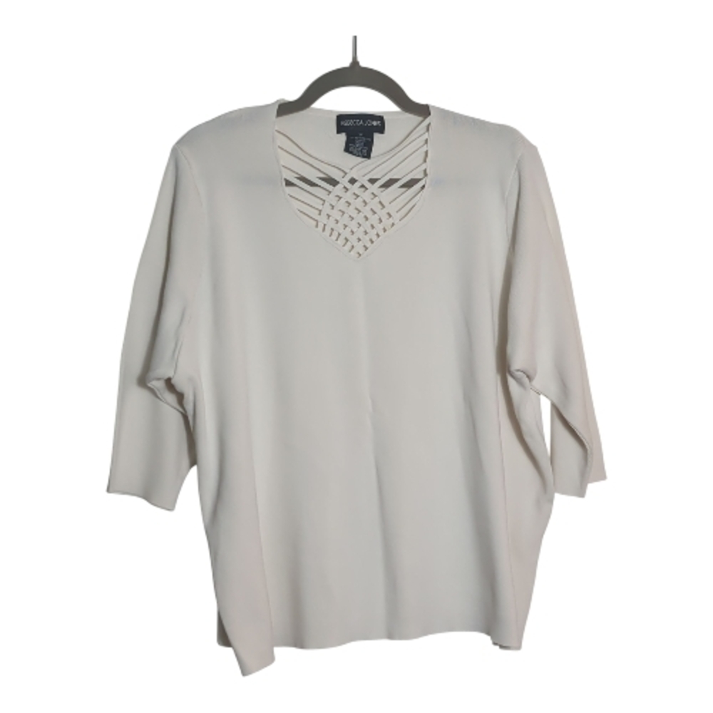 Rebecca Jones 3x Cream Knit Top with Lattice Neck Edgy Chic Neutral Beachy Vibe